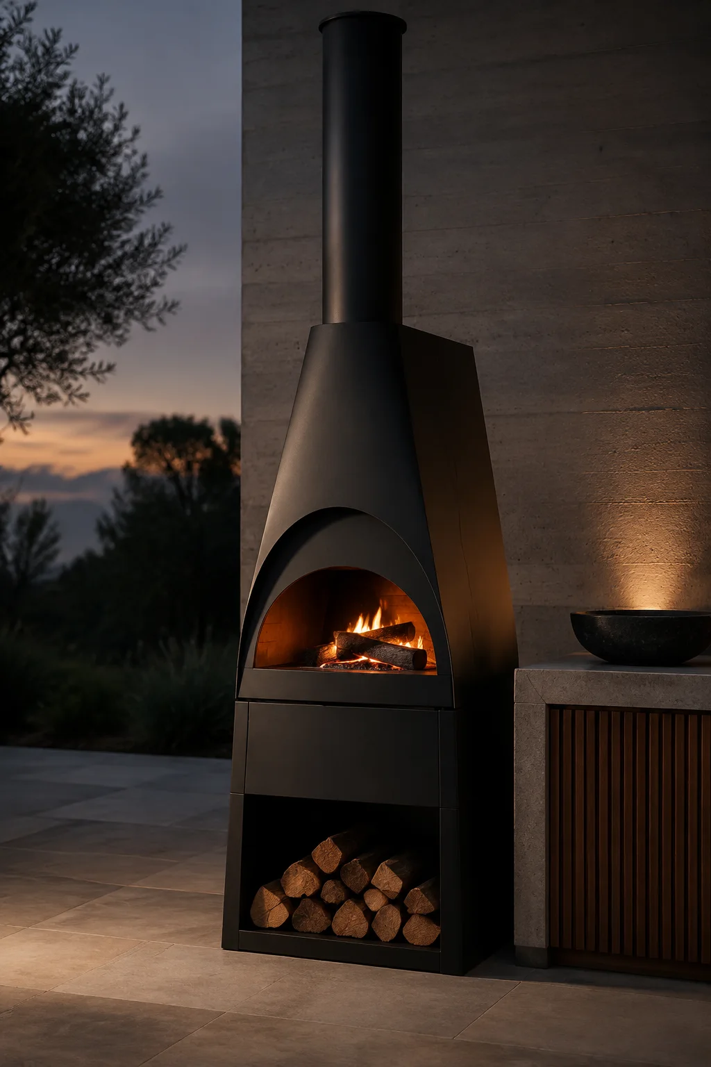 Black steel outdoor oven on a contemporary patio