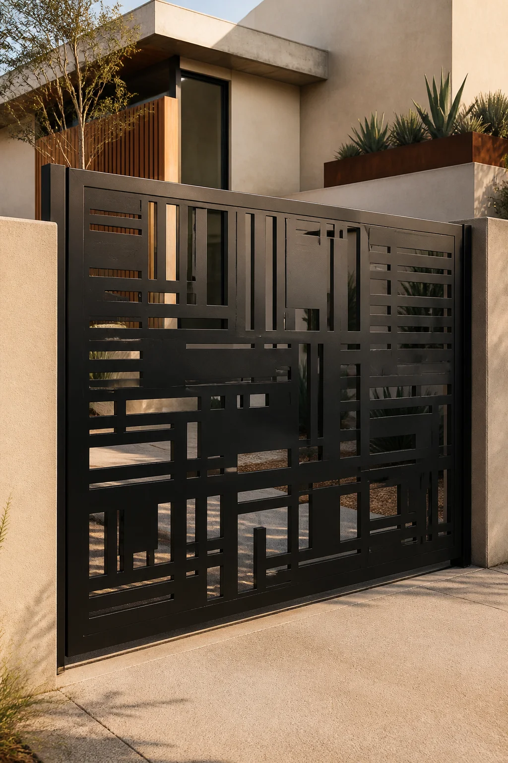 Geometric black steel gate at a contemporary home