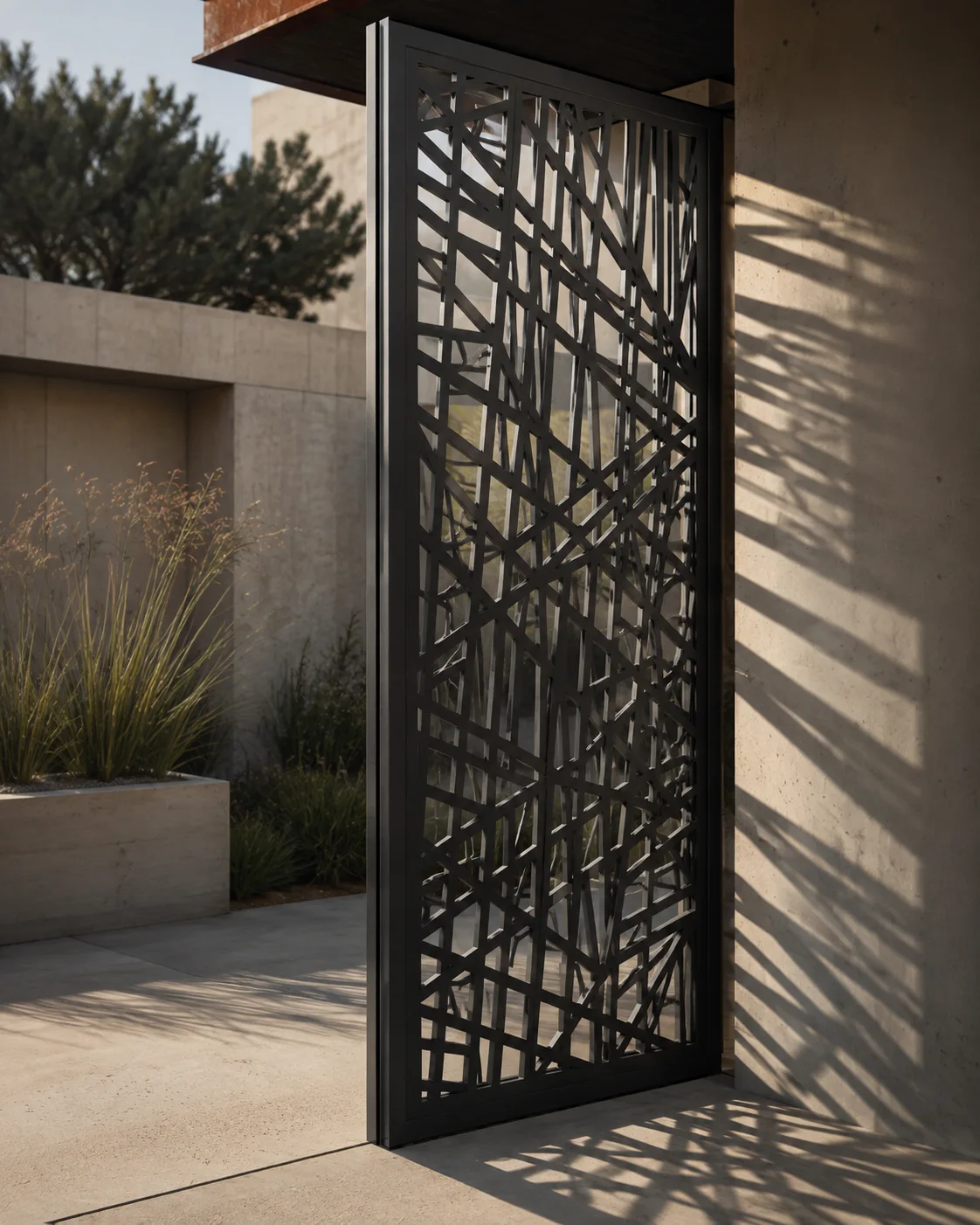 Precision-cut architectural steel panel casting patterned shadows